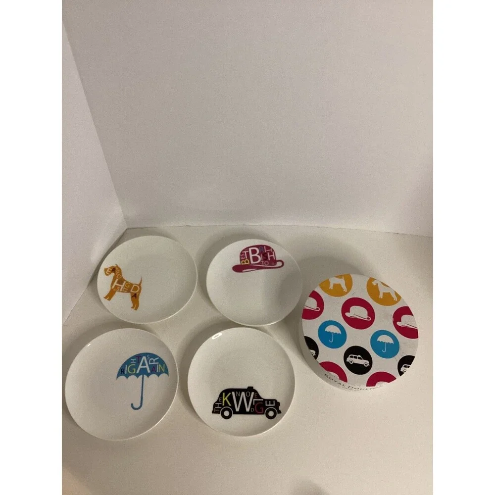 Royal Doulton London Pop In For Drinks Set of 4 Appetizer Plates Stoneware NIB - Picture 1 of 4
